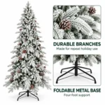 9 ft Flocked Artificial Christmas Tree with 52 Pinecones, 2,138 PE/PVC Tips, Unlit Snowy Foliage, Hinged Branches and Metal Stand