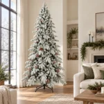 9 ft Flocked Artificial Christmas Tree with 52 Pinecones, 2,138 PE/PVC Tips, Unlit Snowy Foliage, Hinged Branches and Metal Stand