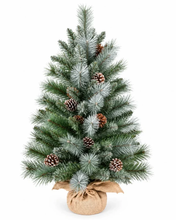 2.5 ft Unlit Artificial Tabletop Christmas Tree with 9 Pinecones, 86 Mixed PVC and Needle Tips, Green Foliage and Rustic Wrapped Base