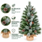 2.5 ft Unlit Artificial Tabletop Christmas Tree with 9 Pinecones, 86 Mixed PVC and Needle Tips, Green Foliage and Rustic Wrapped Base
