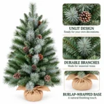 2.5 ft Unlit Artificial Tabletop Christmas Tree with 9 Pinecones, 86 Mixed PVC and Needle Tips, Green Foliage and Rustic Wrapped Base