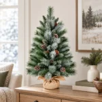 2.5 ft Unlit Artificial Tabletop Christmas Tree with 9 Pinecones, 86 Mixed PVC and Needle Tips, Green Foliage and Rustic Wrapped Base