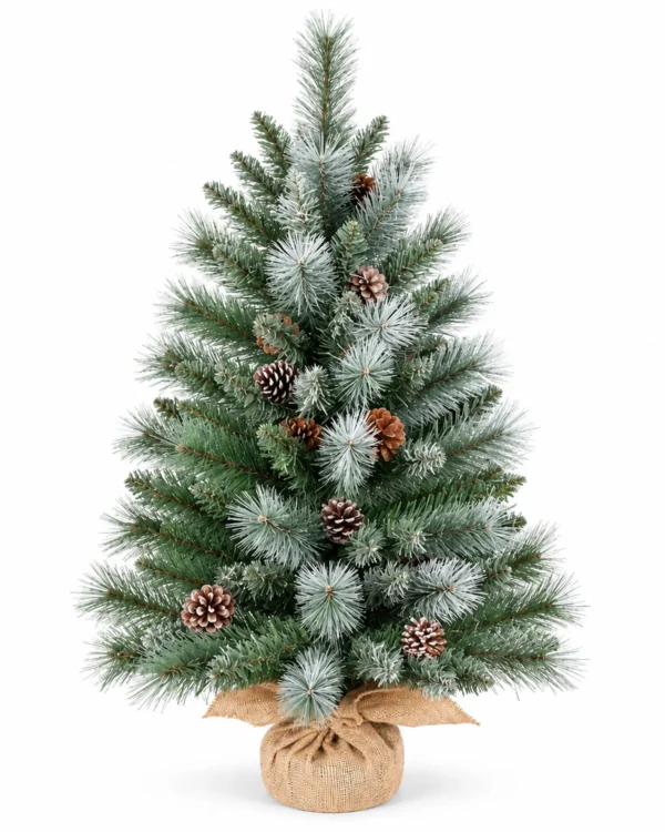 3 ft Unlit Artificial Christmas Tree with 16 Pinecones, 142 Mixed PVC and Needle Tips, Green Foliage and Rustic Wrapped Base
