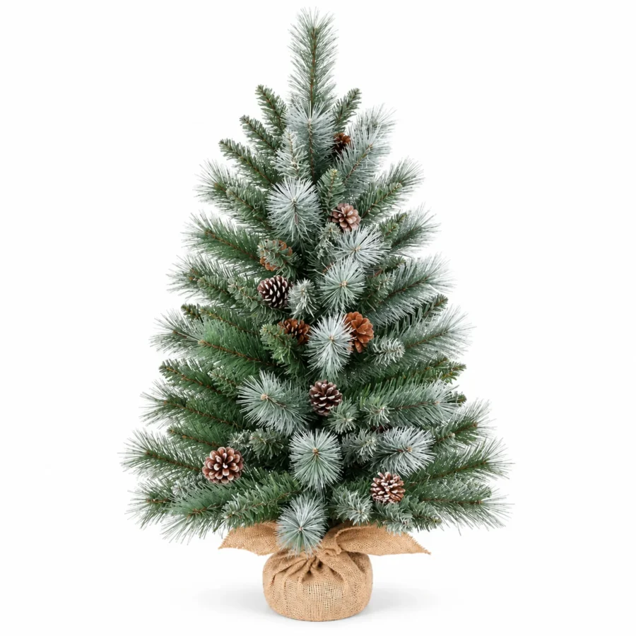 3 ft Unlit Artificial Christmas Tree with 16 Pinecones, 142 Mixed PVC and Needle Tips, Green Foliage and Rustic Wrapped Base