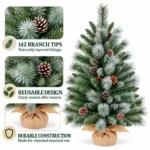 3 ft Unlit Artificial Christmas Tree with 16 Pinecones, 142 Mixed PVC and Needle Tips, Green Foliage and Rustic Wrapped Base