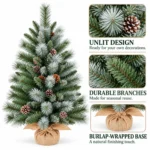 3 ft Unlit Artificial Christmas Tree with 16 Pinecones, 142 Mixed PVC and Needle Tips, Green Foliage and Rustic Wrapped Base