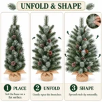 3 ft Unlit Artificial Christmas Tree with 16 Pinecones, 142 Mixed PVC and Needle Tips, Green Foliage and Rustic Wrapped Base