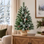 3 ft Unlit Artificial Christmas Tree with 16 Pinecones, 142 Mixed PVC and Needle Tips, Green Foliage and Rustic Wrapped Base