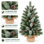 Unlit Artificial Tabletop Christmas Tree with 6 Pinecones, 56 Mixed PVC and Needle Tips, Green Foliage and Rustic Wrapped Base