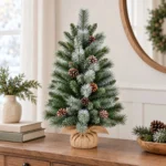 Unlit Artificial Tabletop Christmas Tree with 6 Pinecones, 56 Mixed PVC and Needle Tips, Green Foliage and Rustic Wrapped Base