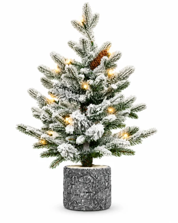 2 ft Flocked Artificial Potted Christmas Tree, 189 Tips, 30 Warm White Lights