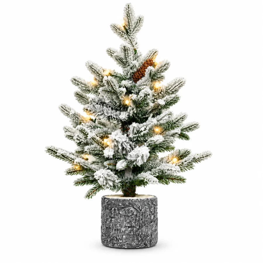 2 ft Flocked Artificial Potted Christmas Tree, 189 Tips, 30 Warm White Lights