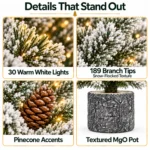 2 ft Flocked Artificial Potted Christmas Tree, 189 Tips, 30 Warm White Lights