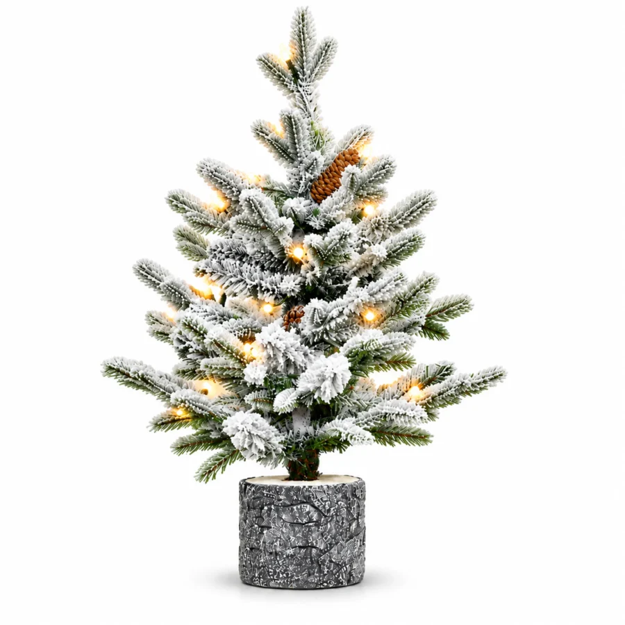 3 ft Flocked Artificial Potted Christmas Tree, 365 Tips, 70 Warm White Lights