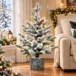 3 ft Flocked Artificial Potted Christmas Tree, 365 Tips, 70 Warm White Lights
