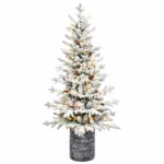 4.5 ft Flocked Artificial Potted Christmas Tree, 720 Tips, 150 Warm White Lights