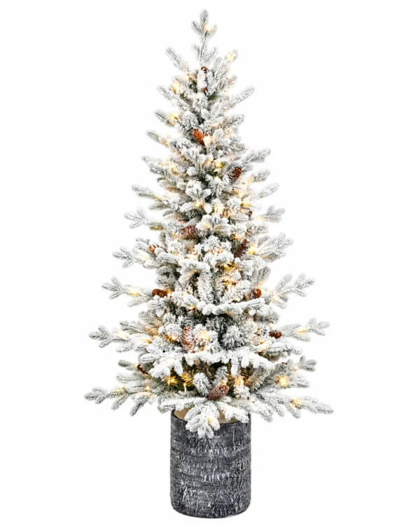 4.5 ft Flocked Artificial Potted Christmas Tree, 720 Tips, 150 Warm White Lights
