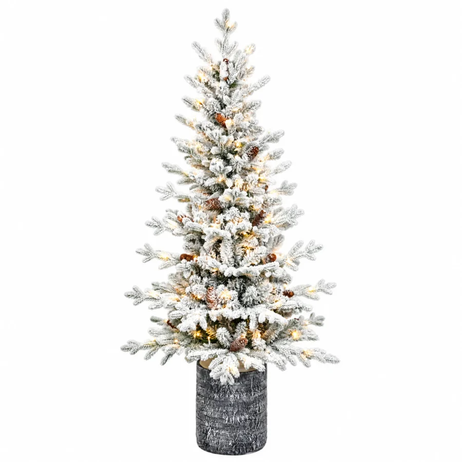 4.5 ft Flocked Artificial Potted Christmas Tree, 720 Tips, 150 Warm White Lights