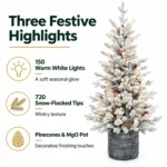 4.5 ft Flocked Artificial Potted Christmas Tree, 720 Tips, 150 Warm White Lights