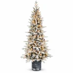 6.5 ft Flocked Artificial Potted Christmas Tree, 1386 Tips, 350 Warm White Lights