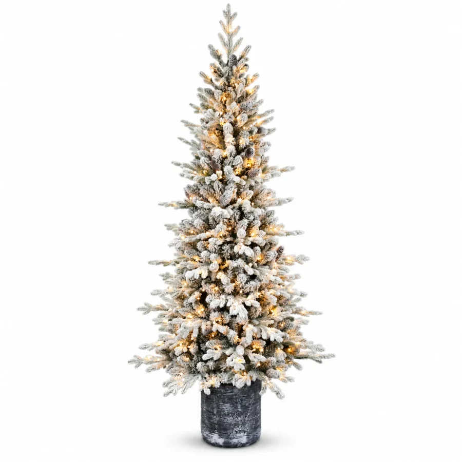 6.5 ft Flocked Artificial Potted Christmas Tree, 1386 Tips, 350 Warm White Lights