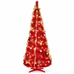 6 ft Red Pop Up Artificial Christmas Tree with 150 Warm White LED Lights, Ribbons, Bow, Flowers, Snowflakes, Pinecones and Ball Ornaments, Plastic Stand