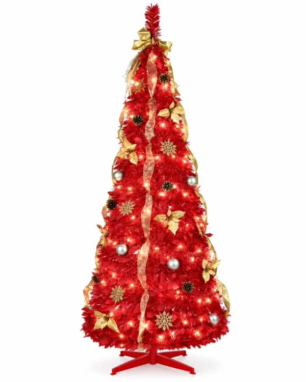 6 ft Red Pop Up Artificial Christmas Tree with 150 Warm White LED Lights, Ribbons, Bow, Flowers, Snowflakes, Pinecones and Ball Ornaments, Plastic Stand