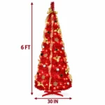 6 ft Red Pop Up Artificial Christmas Tree with 150 Warm White LED Lights, Ribbons, Bow, Flowers, Snowflakes, Pinecones and Ball Ornaments, Plastic Stand