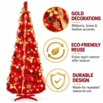 6 ft Red Pop Up Artificial Christmas Tree with 150 Warm White LED Lights, Ribbons, Bow, Flowers, Snowflakes, Pinecones and Ball Ornaments, Plastic Stand