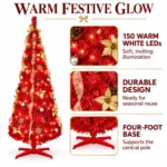 6 ft Red Pop Up Artificial Christmas Tree with 150 Warm White LED Lights, Ribbons, Bow, Flowers, Snowflakes, Pinecones and Ball Ornaments, Plastic Stand