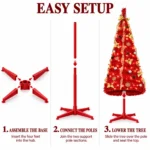 6 ft Red Pop Up Artificial Christmas Tree with 150 Warm White LED Lights, Ribbons, Bow, Flowers, Snowflakes, Pinecones and Ball Ornaments, Plastic Stand