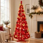 6 ft Red Pop Up Artificial Christmas Tree with 150 Warm White LED Lights, Ribbons, Bow, Flowers, Snowflakes, Pinecones and Ball Ornaments, Plastic Stand