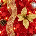 6 ft Red Pop Up Artificial Christmas Tree with 150 Warm White LED Lights, Ribbons, Bow, Flowers, Snowflakes, Pinecones and Ball Ornaments, Plastic Stand