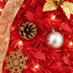 6 ft Red Pop Up Artificial Christmas Tree with 150 Warm White LED Lights, Ribbons, Bow, Flowers, Snowflakes, Pinecones and Ball Ornaments, Plastic Stand
