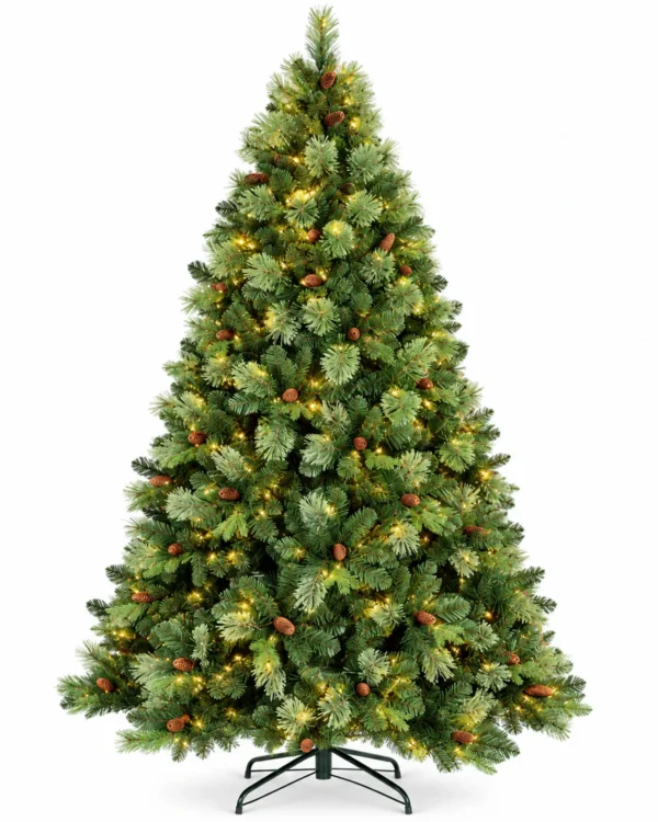 5 ft Prelit Artificial Christmas Tree with 290 Warm White LED Lights, 43 Pinecones, Mixed PE/PVC Foliage and Hinged Branches
