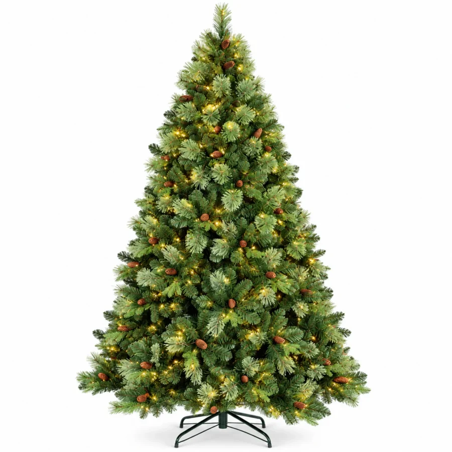5 ft Prelit Artificial Christmas Tree with 290 Warm White LED Lights, 43 Pinecones, Mixed PE/PVC Foliage and Hinged Branches
