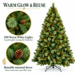 5 ft Prelit Artificial Christmas Tree with 290 Warm White LED Lights, 43 Pinecones, Mixed PE/PVC Foliage and Hinged Branches