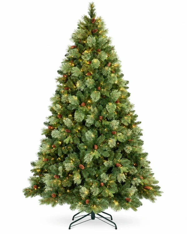 7.5 ft Prelit Artificial Christmas Tree with 750 Warm White LED Lights, 82 Pinecones, Mixed PE/PVC Foliage and Hinged Branches
