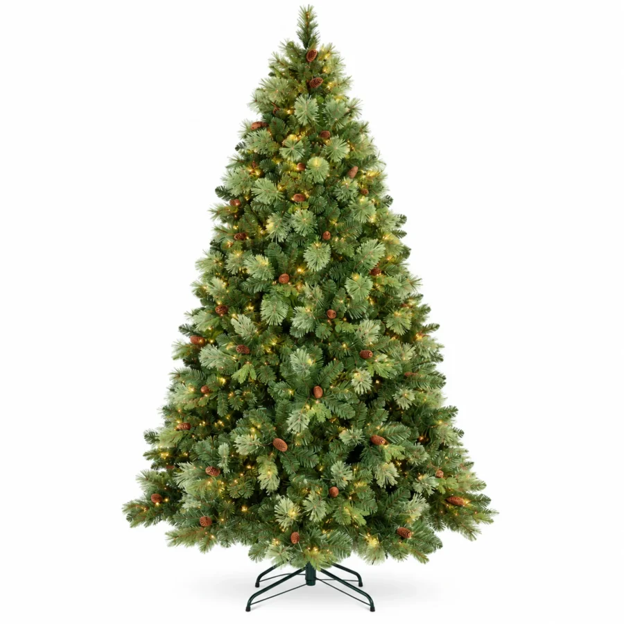 7.5 ft Prelit Artificial Christmas Tree with 750 Warm White LED Lights, 82 Pinecones, Mixed PE/PVC Foliage and Hinged Branches