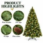 7.5 ft Prelit Artificial Christmas Tree with 750 Warm White LED Lights, 82 Pinecones, Mixed PE/PVC Foliage and Hinged Branches