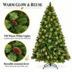 7.5 ft Prelit Artificial Christmas Tree with 750 Warm White LED Lights, 82 Pinecones, Mixed PE/PVC Foliage and Hinged Branches