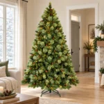 7.5 ft Prelit Artificial Christmas Tree with 750 Warm White LED Lights, 82 Pinecones, Mixed PE/PVC Foliage and Hinged Branches