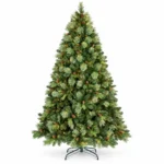 8 ft Prelit Artificial Christmas Tree with 820 Warm White LED Lights, 90 Pinecones, Mixed PE/PVC Foliage and Hinged Branches