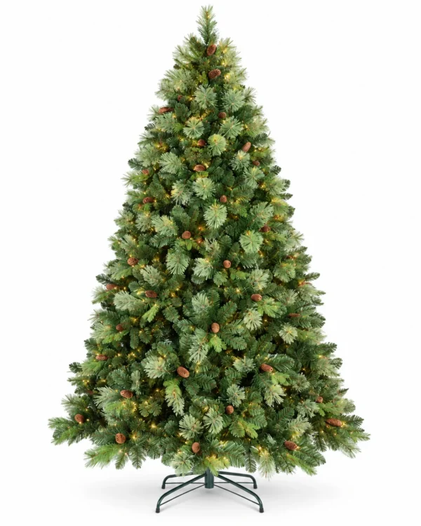8 ft Prelit Artificial Christmas Tree with 820 Warm White LED Lights, 90 Pinecones, Mixed PE/PVC Foliage and Hinged Branches