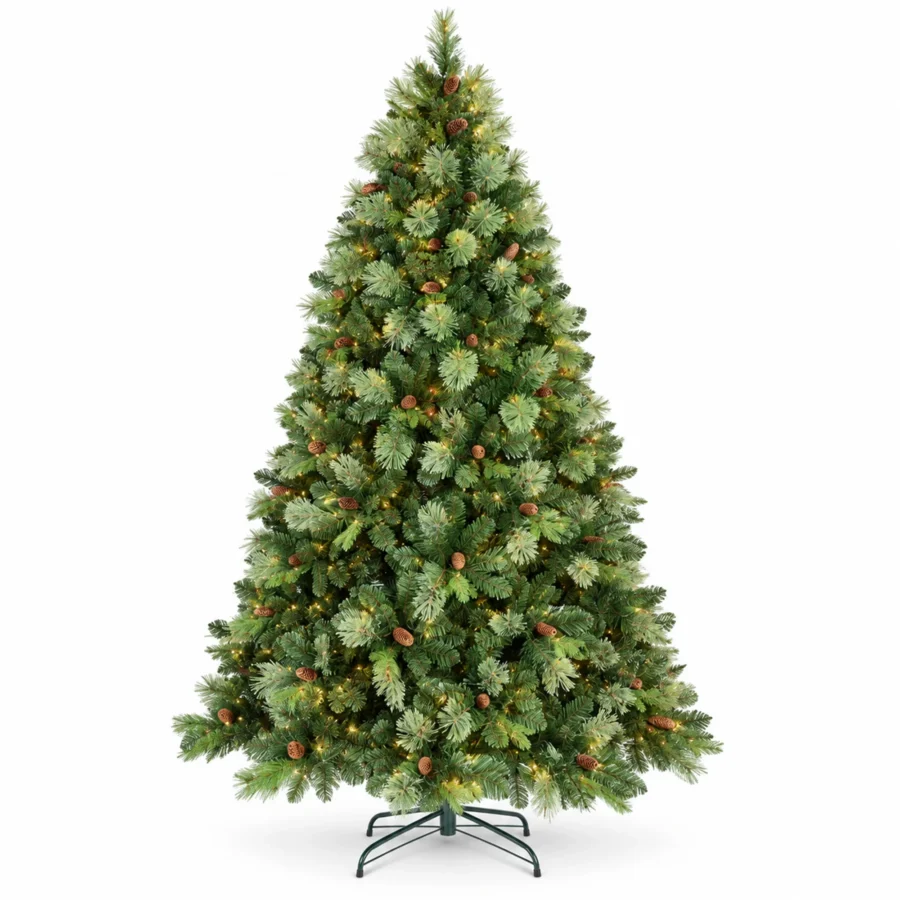 8 ft Prelit Artificial Christmas Tree with 820 Warm White LED Lights, 90 Pinecones, Mixed PE/PVC Foliage and Hinged Branches