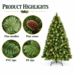 8 ft Prelit Artificial Christmas Tree with 820 Warm White LED Lights, 90 Pinecones, Mixed PE/PVC Foliage and Hinged Branches