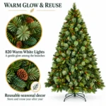 8 ft Prelit Artificial Christmas Tree with 820 Warm White LED Lights, 90 Pinecones, Mixed PE/PVC Foliage and Hinged Branches
