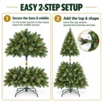 8 ft Prelit Artificial Christmas Tree with 820 Warm White LED Lights, 90 Pinecones, Mixed PE/PVC Foliage and Hinged Branches