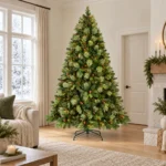 8 ft Prelit Artificial Christmas Tree with 820 Warm White LED Lights, 90 Pinecones, Mixed PE/PVC Foliage and Hinged Branches