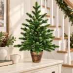 2 ft Artificial Tabletop Christmas Tree with 230 All-PE Branch Tips, Unlit Mini Green Tree with Rustic Brown Pot-Style Base for Desk and Console Decor